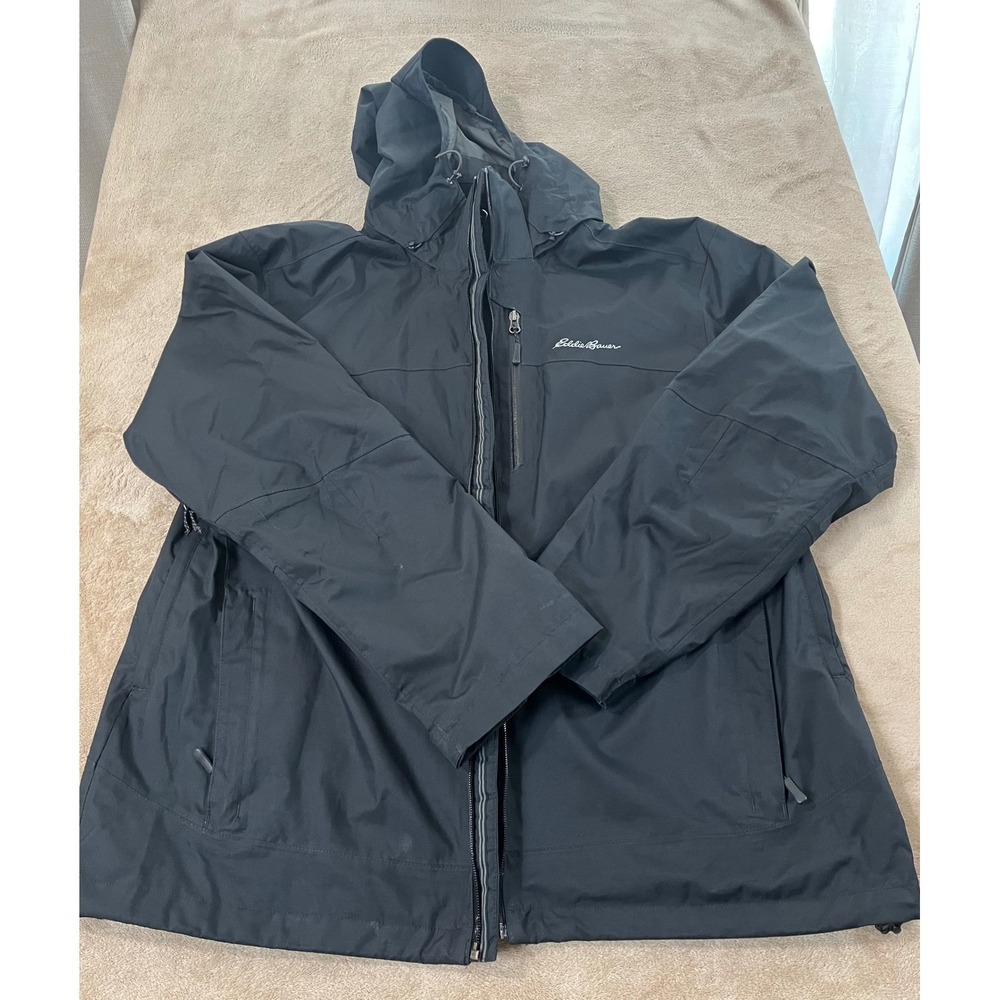 Eddie Bauer Waterproof Hooded Rain Jacket Men's XL Black Polyester L/S GOOD